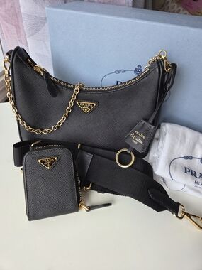 2180CAD Prada Black Saffiano Shoulder Bag with Gold Chain and Detachable Strap